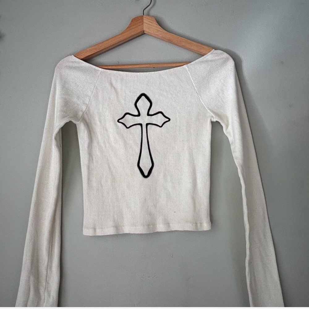 Brandy Melville Cream Long Sleeve Top with Black Cross